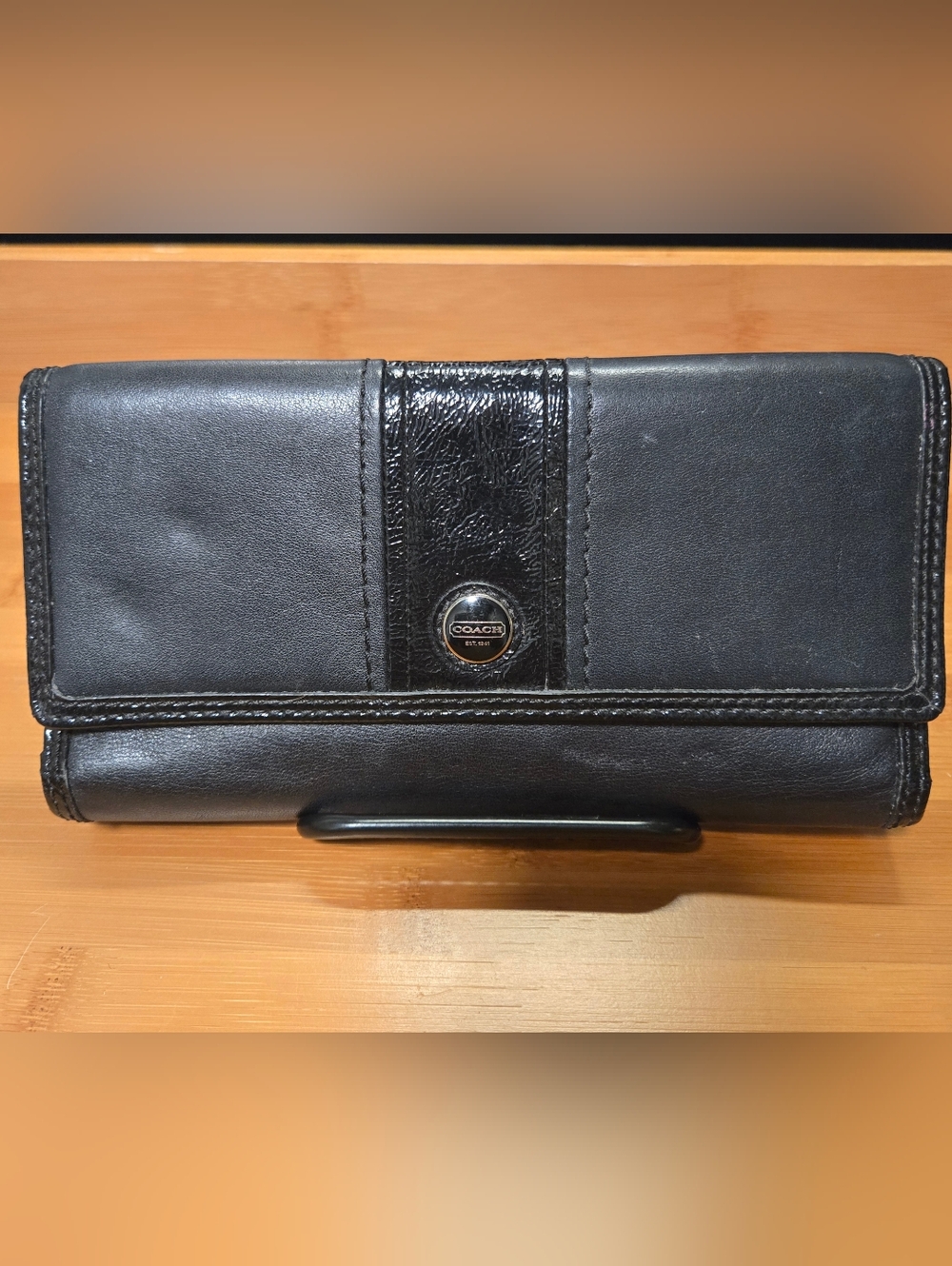 Coach Black Leather Clutch Wallet with Glossy Center Stripe